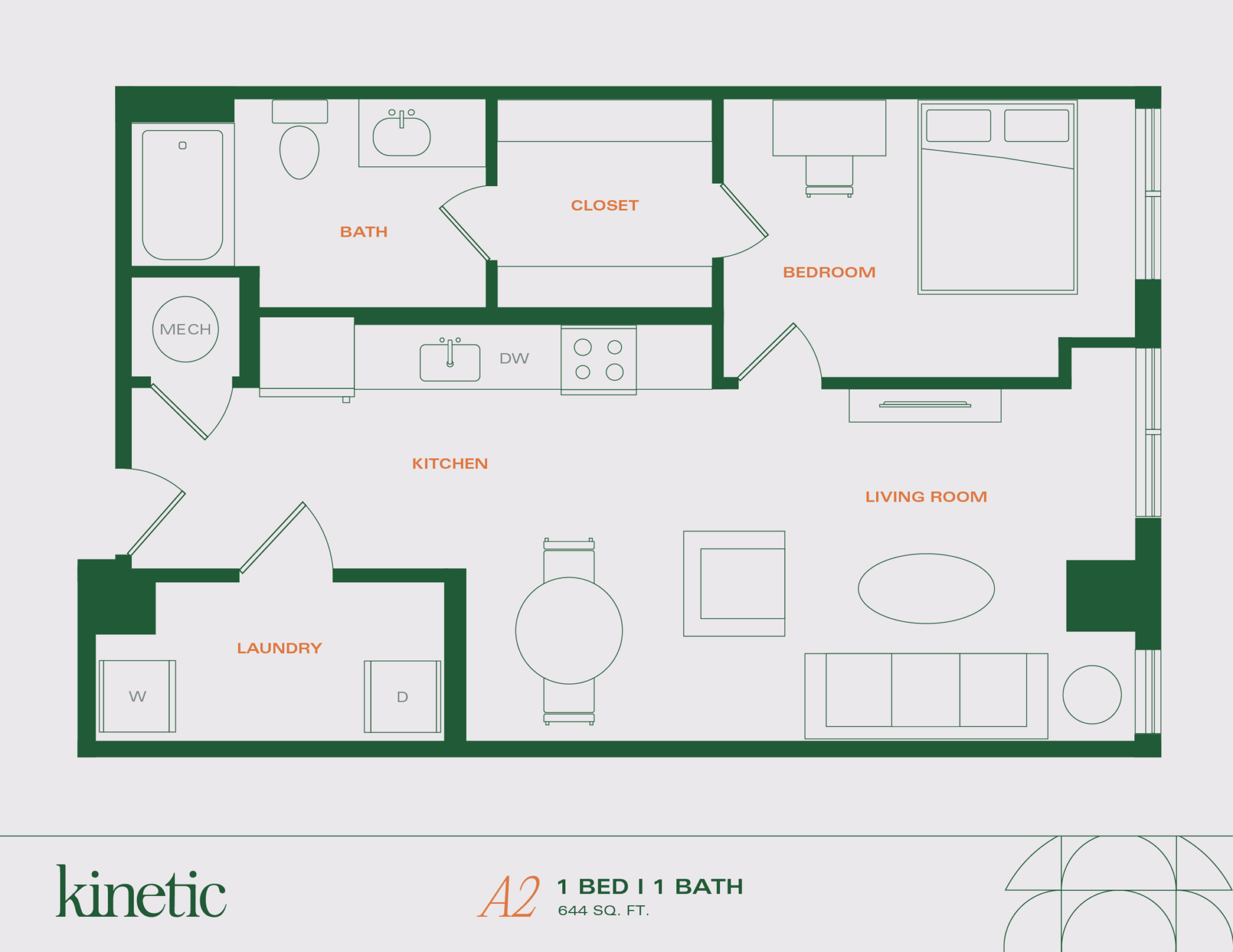 A 3D image of the 1BR/1BA – A2 floorplan, a 644 squarefoot, 1 bed / 1 bath unit