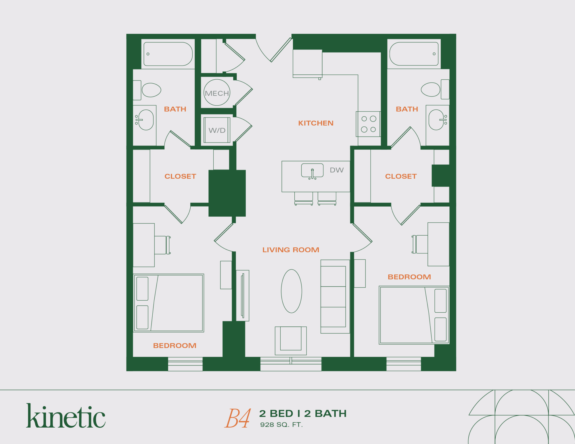A 3D image of the 2BR/2BA – B4 floorplan, a 929 squarefoot, 2 bed / 2 bath unit