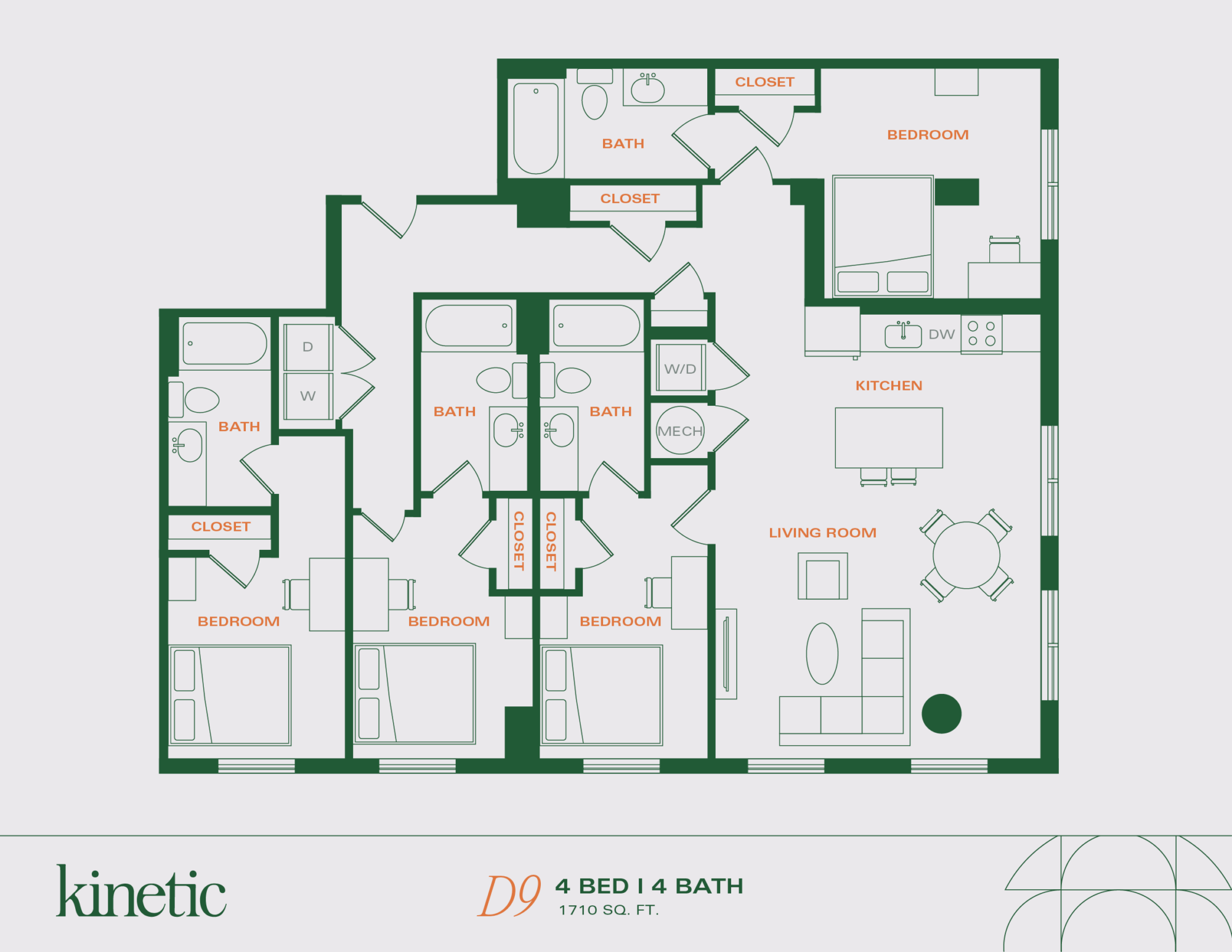 A 3D image of the 4BR/4BA – D9 floorplan, a 1710 squarefoot, 4 bed / 4 bath unit