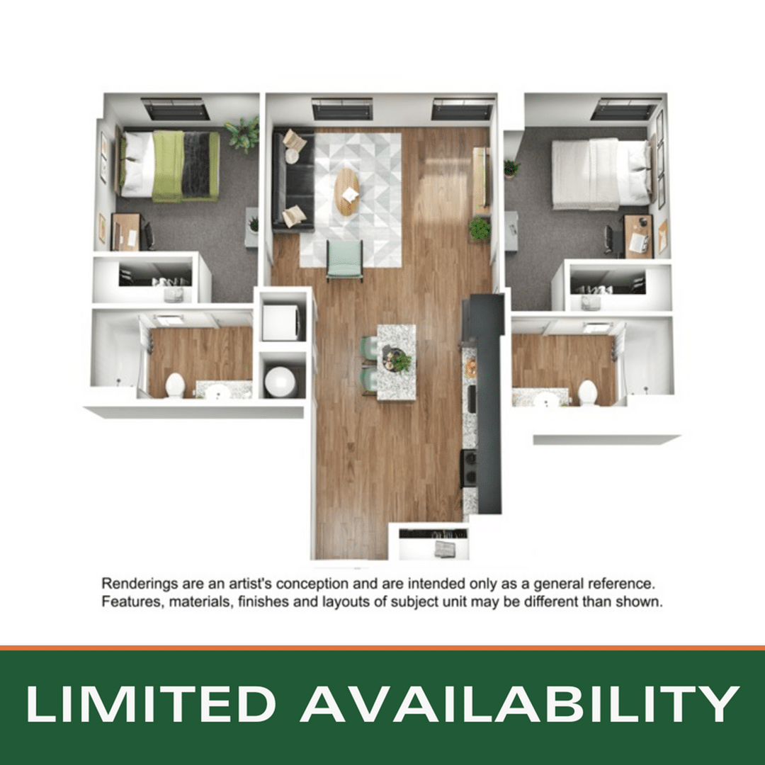 A 3D image of the 2BR/2BA – B5 floorplan, a 900 squarefoot, 2 bed / 2 bath unit
