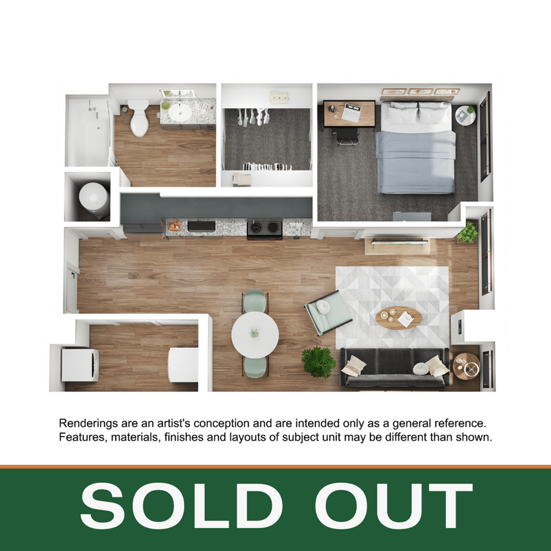 A 3D image of the 1BR/1BA – A2 floorplan, a 644 squarefoot, 1 bed / 1 bath unit