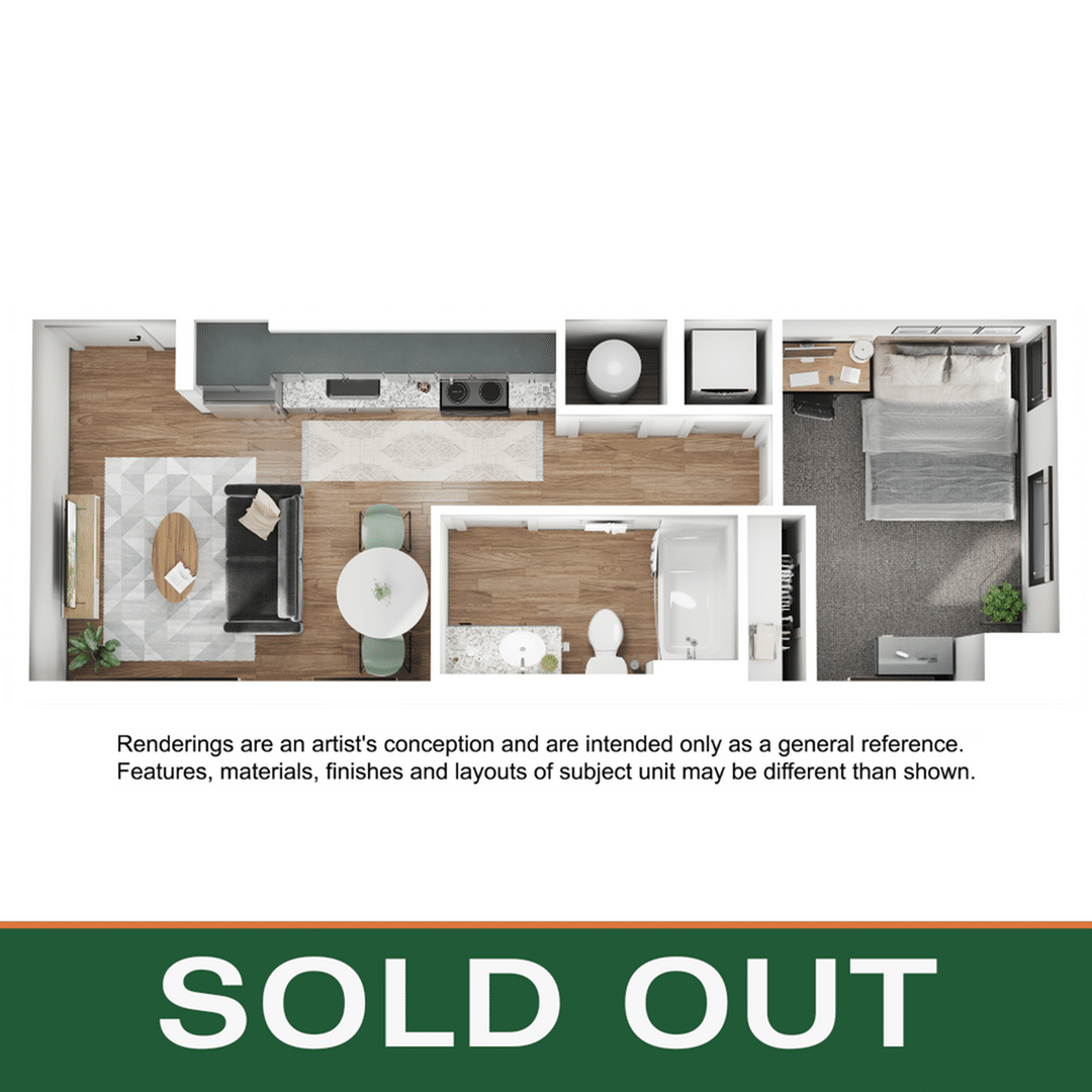 A 3D image of the 1BR/1BA – A3 floorplan, a 490 squarefoot, 1 bed / 1 bath unit