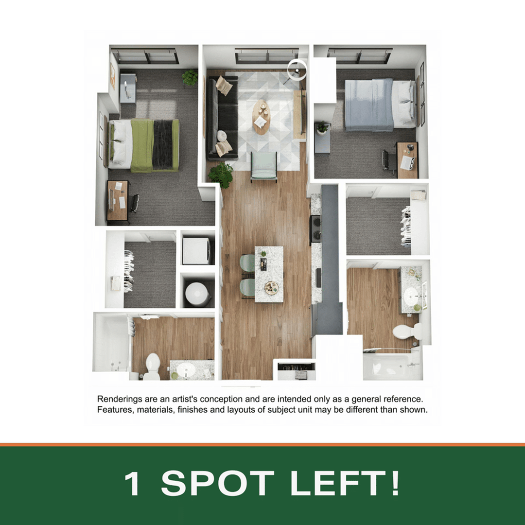 A 3D image of the 2BR/2BA – B1 floorplan, a 964 squarefoot, 2 bed / 2 bath unit
