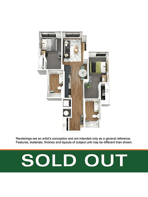 A 3D image of the 2BR/2BA – B7 floorplan, a 799 squarefoot, 2 bed / 2 bath unit