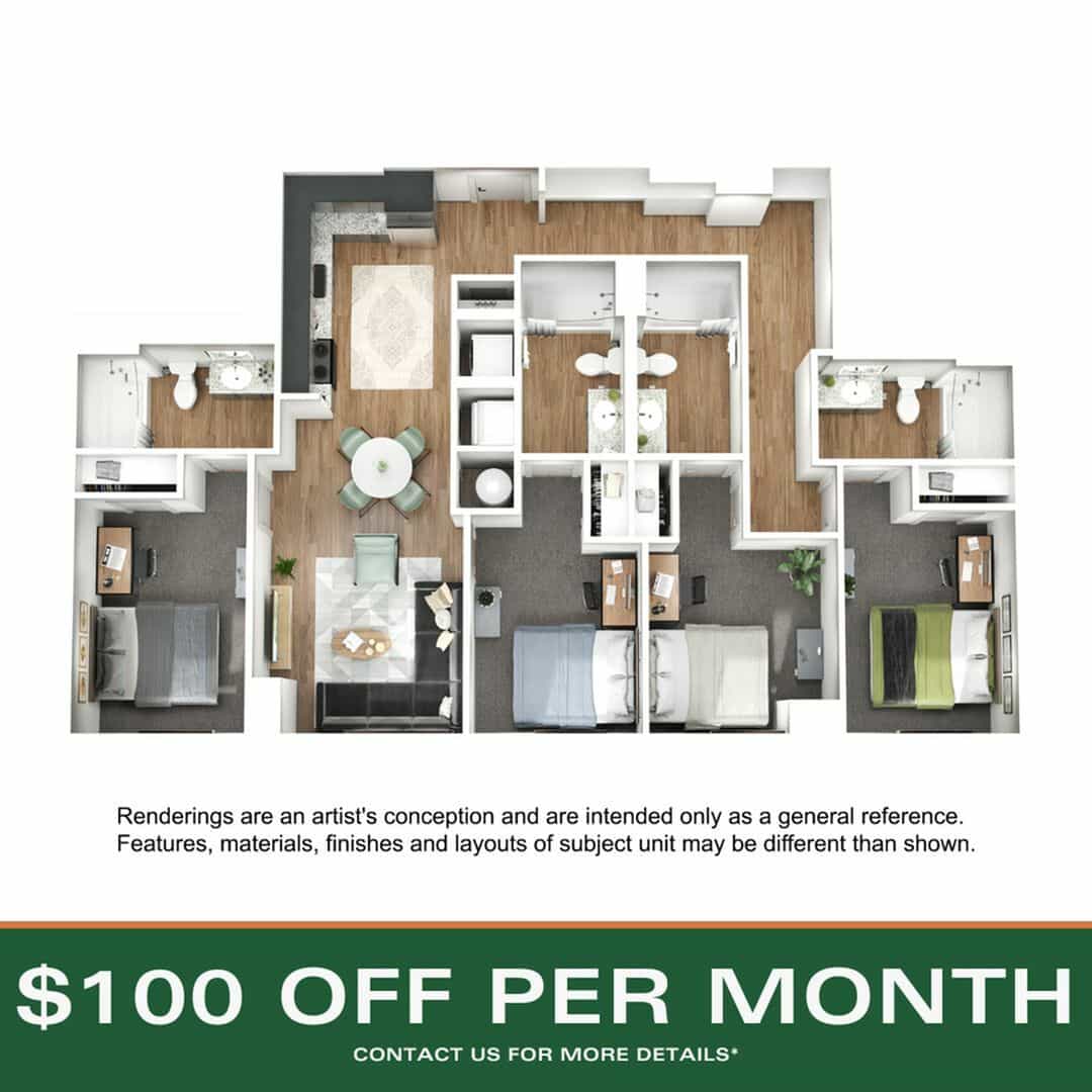 A 3D image of the 4BR/4BA – D3 floorplan, a 1333 squarefoot, 4 bed / 4 bath unit