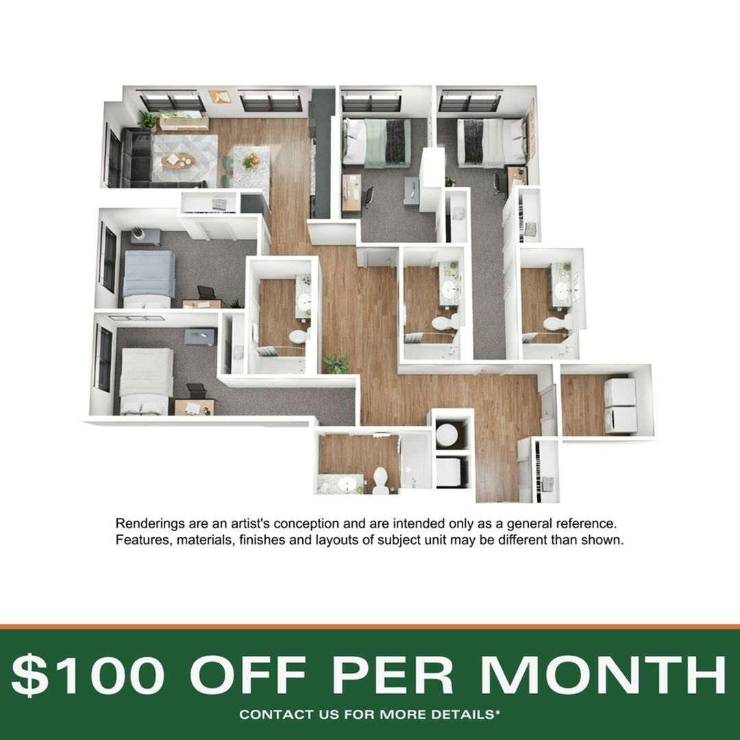 A 3D image of the 4BR/4BA – D11 floorplan, a 1532 squarefoot, 4 bed / 4 bath unit