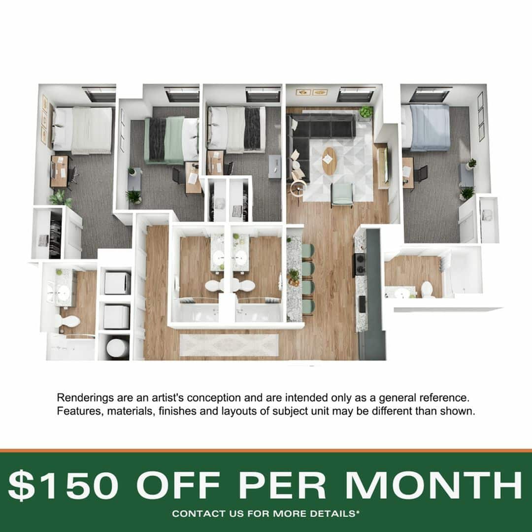 A 3D image of the 4BR/4BA – D6 floorplan, a 1442 squarefoot, 4 bed / 4 bath unit