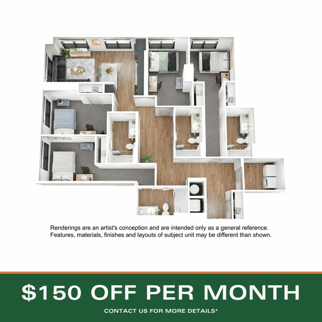 A 3D image of the 4BR/2BA – D1 floorplan, a 1403 squarefoot, 4 bed / 2 bath unit