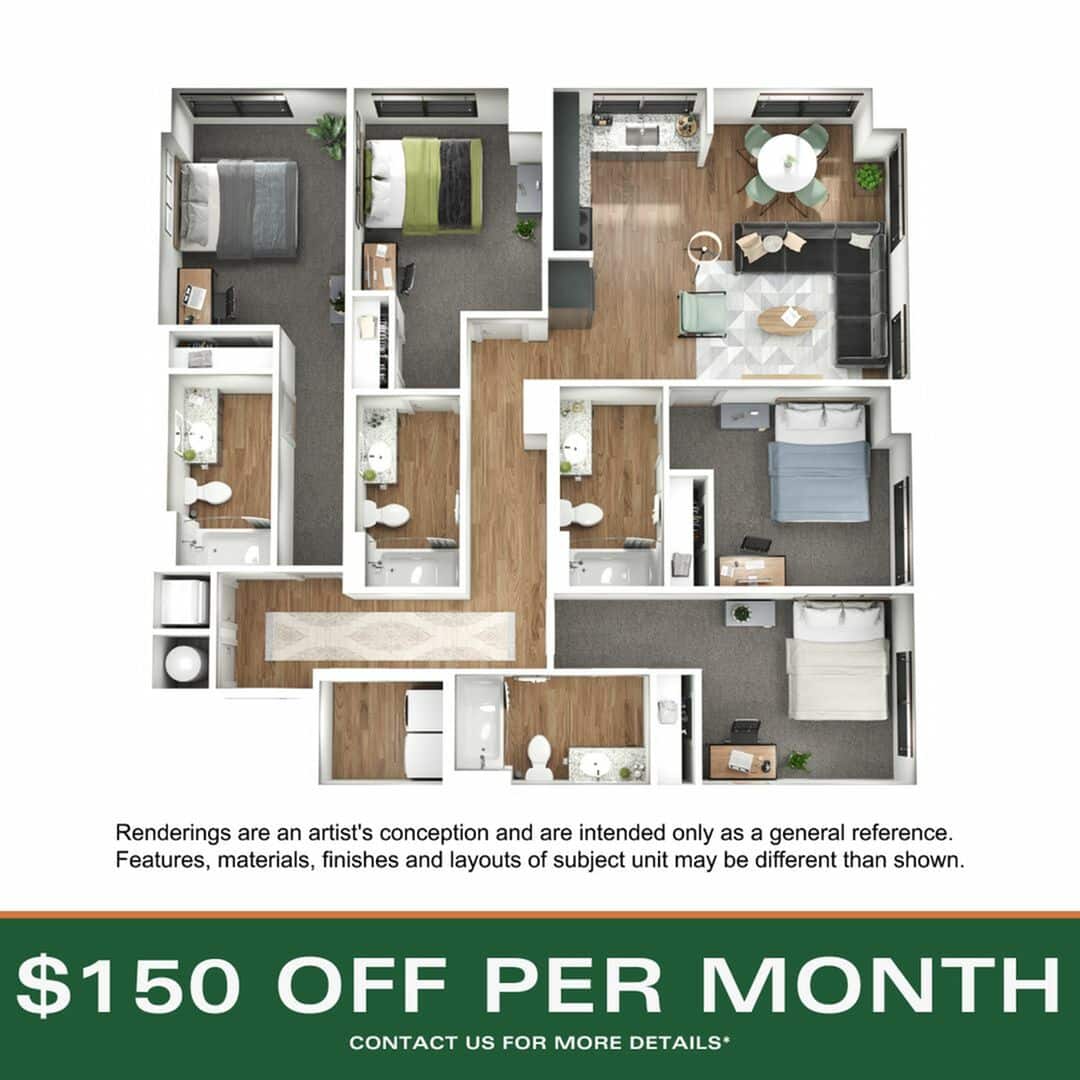 A 3D image of the 4BR/4BA – D2 floorplan, a 1525 squarefoot, 4 bed / 4 bath unit