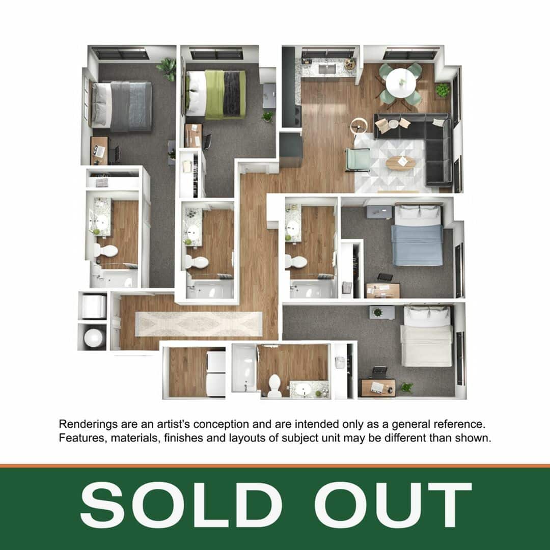 A 3D image of the 4BR/4BA – D2 floorplan, a 1525 squarefoot, 4 bed / 4 bath unit