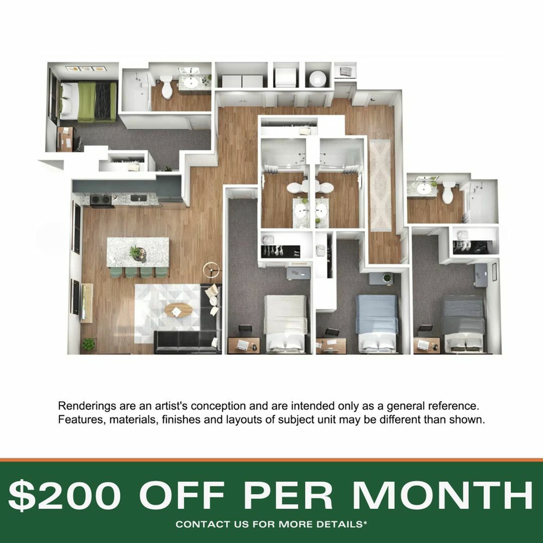 A 3D image of the 4BR/4BA – D4 floorplan, a 1546 squarefoot, 4 bed / 4 bath unit