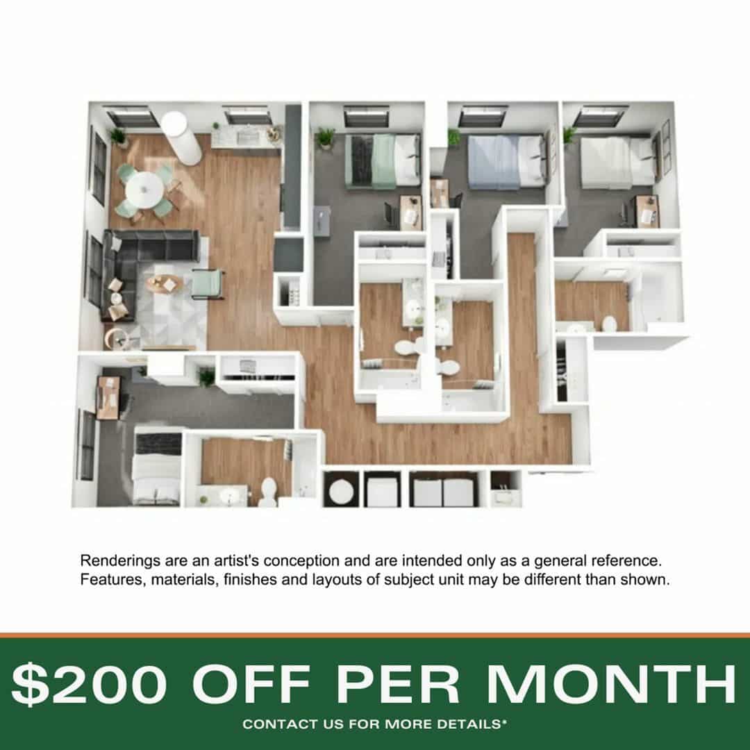 A 3D image of the 4BR/4BA – D5 floorplan, a 1550 squarefoot, 4 bed / 4 bath unit