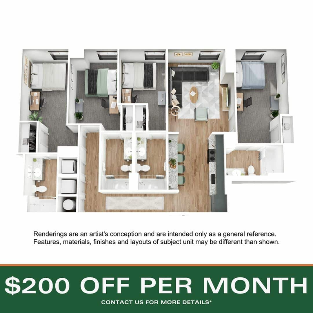 A 3D image of the 4BR/4BA – D6 floorplan, a 1442 squarefoot, 4 bed / 4 bath unit