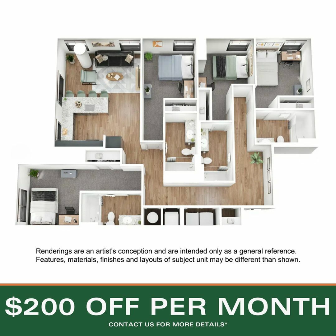 A 3D image of the 4BR/4BA – D7 floorplan, a 1520 squarefoot, 4 bed / 4 bath unit
