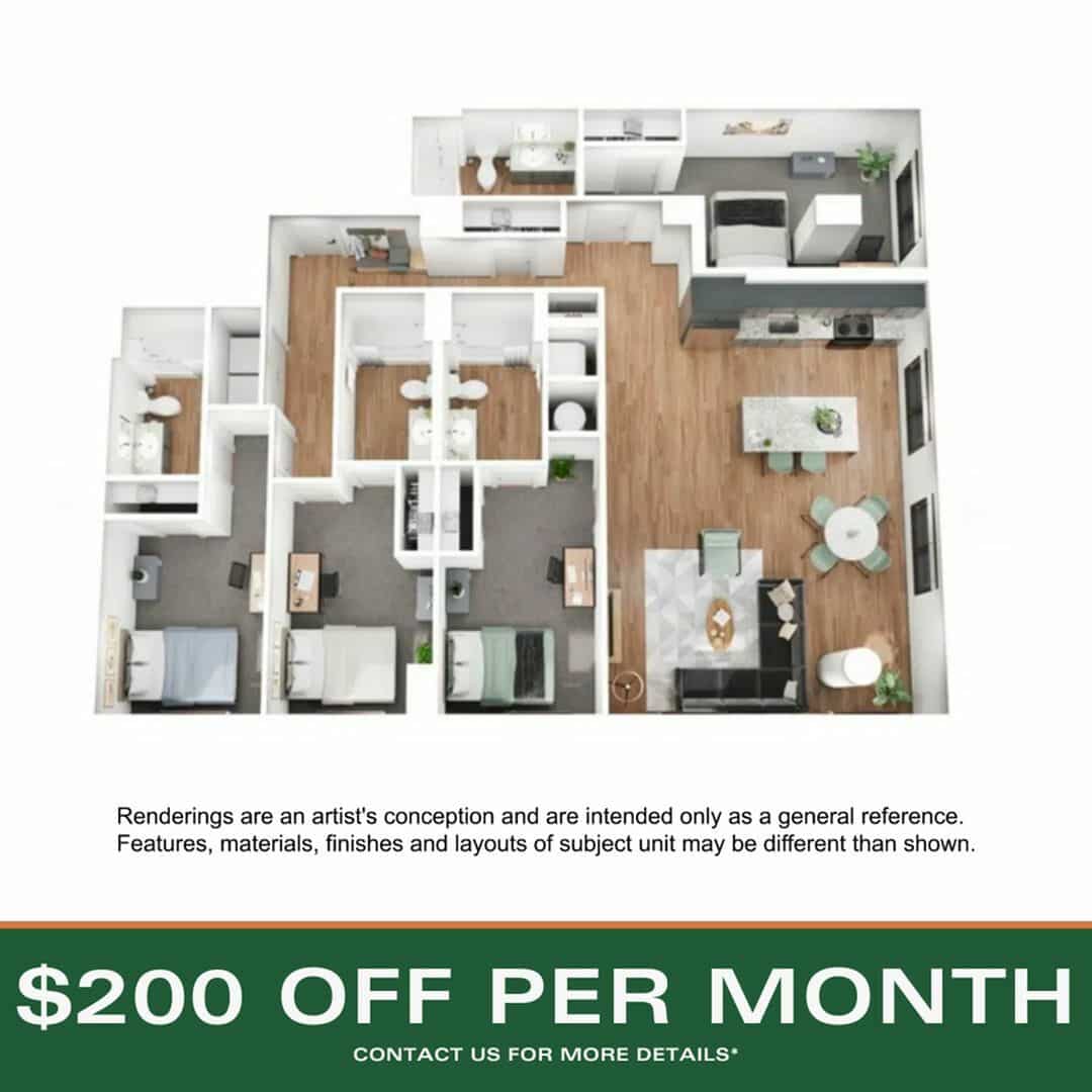 A 3D image of the 4BR/4BA – D9 floorplan, a 1710 squarefoot, 4 bed / 4 bath unit