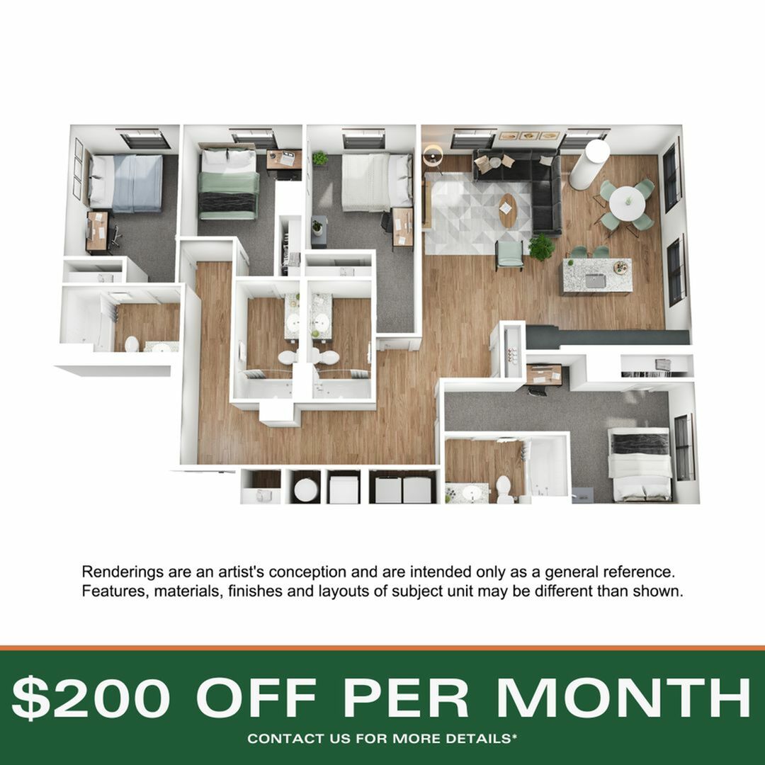 A 3D image of the 4BR/4BA – D10 floorplan, a 1715 squarefoot, 4 bed / 4 bath unit