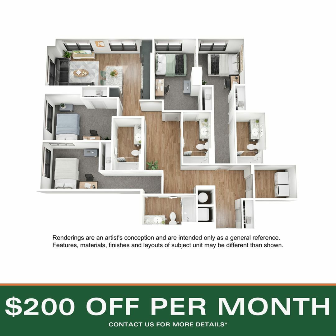 A 3D image of the 4BR/4BA – D11 floorplan, a 1532 squarefoot, 4 bed / 4 bath unit
