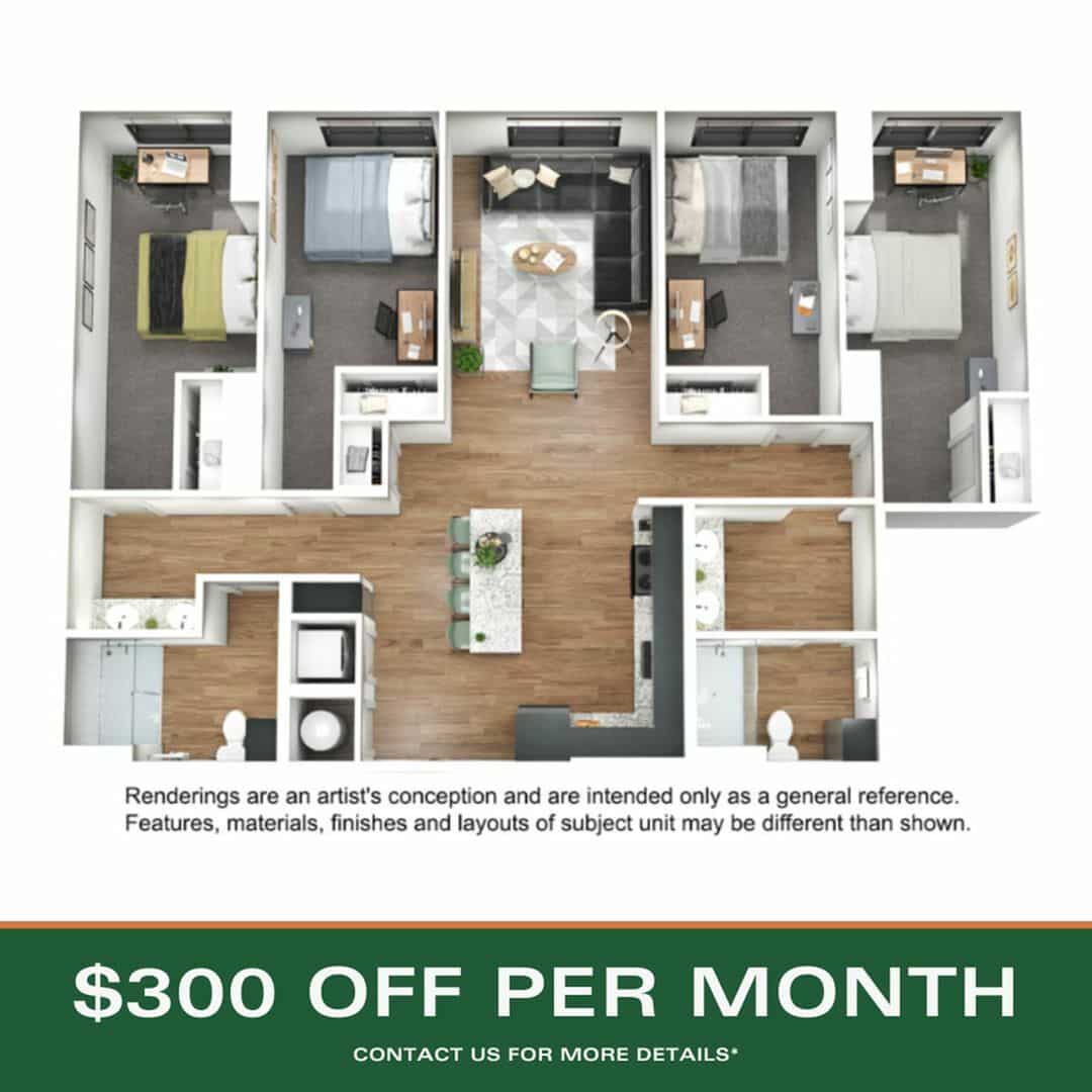 A 3D image of the 4BR/2BA – D1 floorplan, a 1403 squarefoot, 4 bed / 2 bath unit