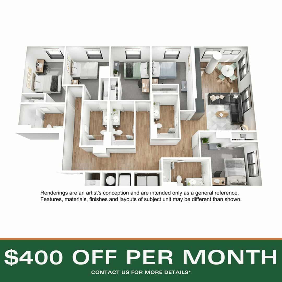 A 3D image of the 5BR/5BA – E1 floorplan, a 1715 squarefoot, 5 bed / 5 bath unit