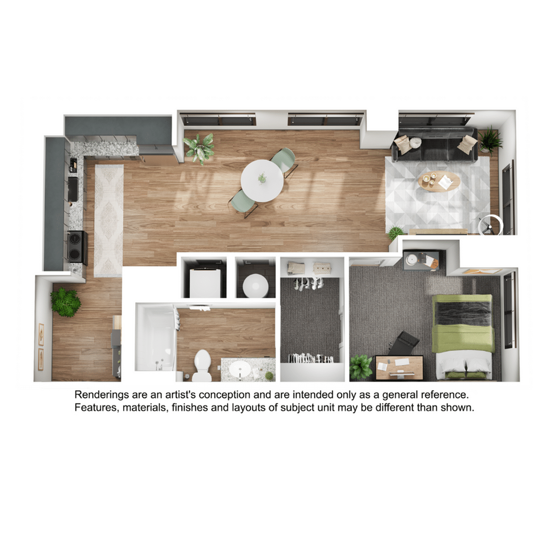 A 3D image of the 1BR/1BA – A1 floorplan, a 759 squarefoot, 1 bed / 1 bath unit
