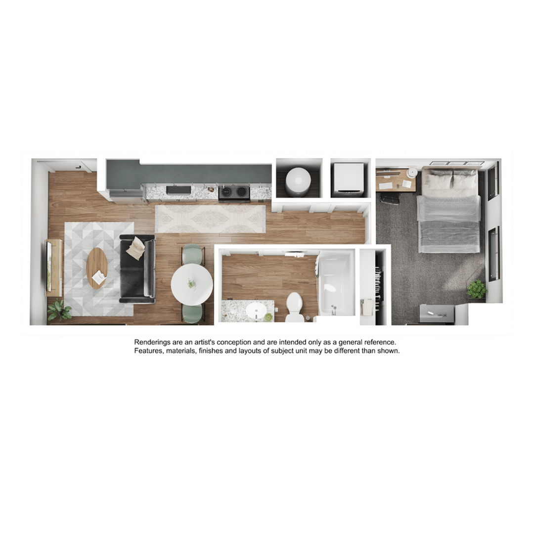 A 3D image of the 1BR/1BA – A3 floorplan, a 490 squarefoot, 1 bed / 1 bath unit