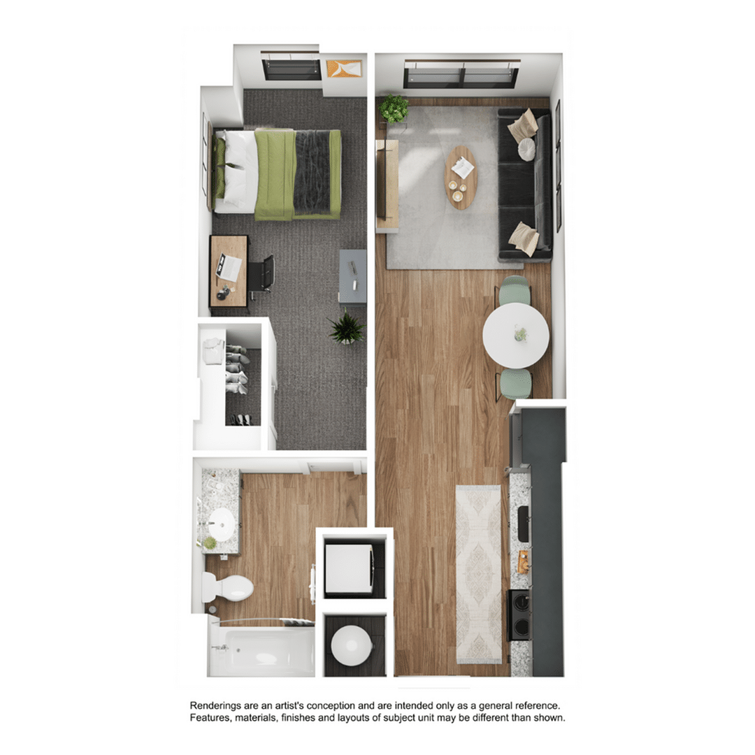 A 3D image of the 1BR/1BA – A4 floorplan, a 566 squarefoot, 1 bed / 1 bath unit