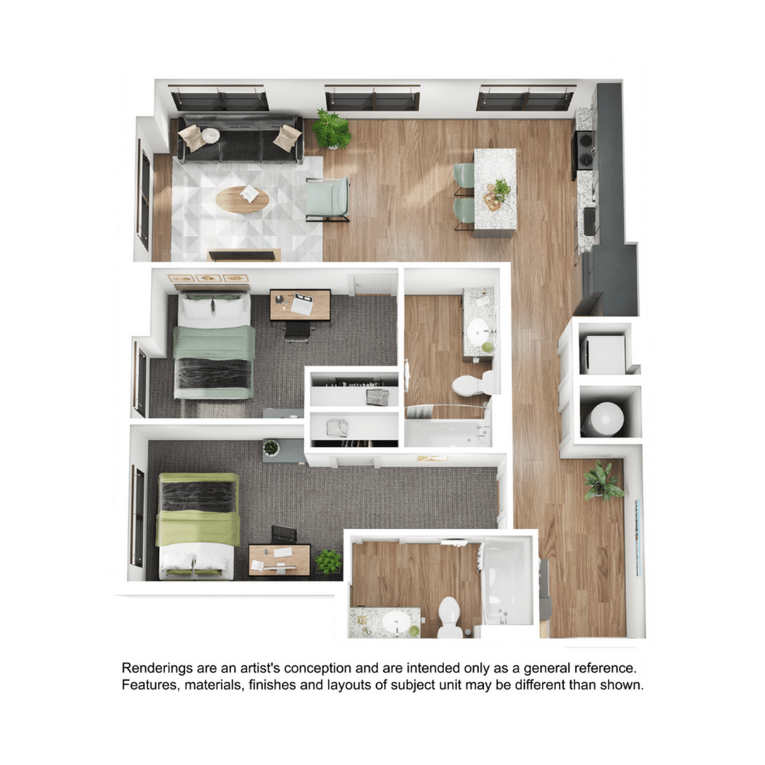 A 3D image of the 2BR/2BA – B2 floorplan, a 965 squarefoot, 2 bed / 2 bath unit