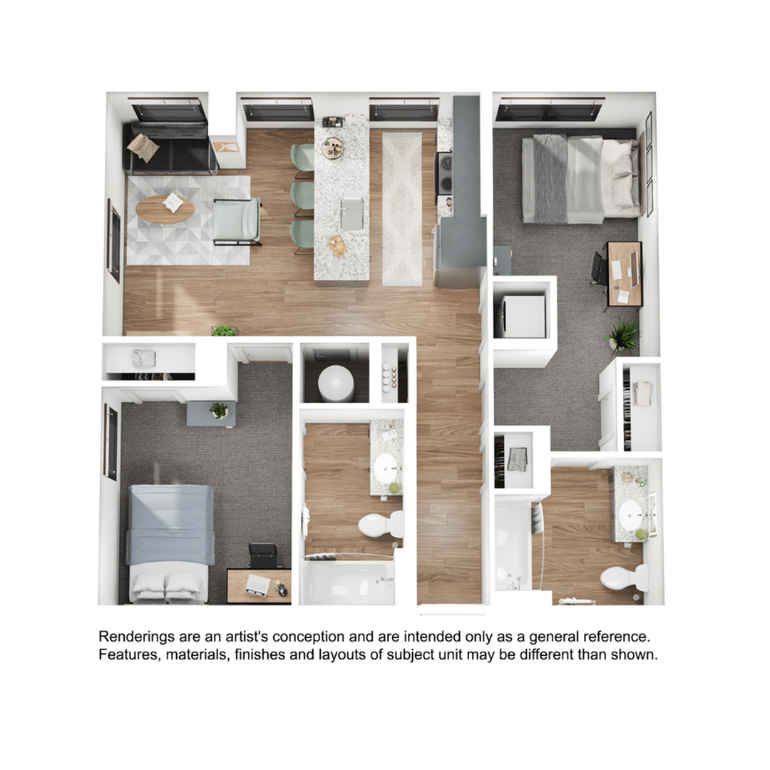 A 3D image of the 2BR/2BA – B3 floorplan, a 864 squarefoot, 2 bed / 2 bath unit