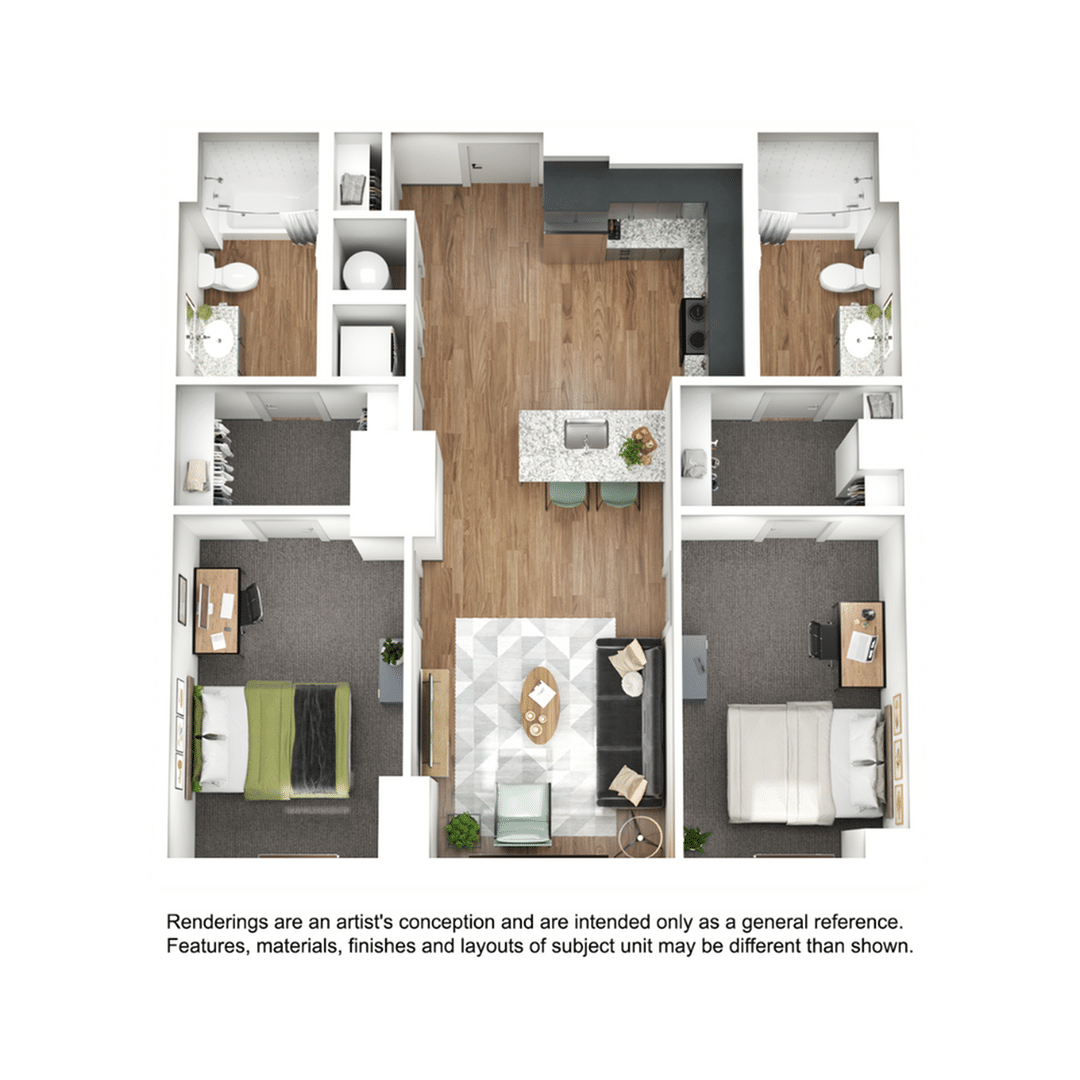 A 3D image of the 2BR/2BA – B4 floorplan, a 929 squarefoot, 2 bed / 2 bath unit