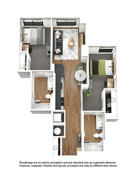 A 3D image of the 2BR/2BA – B7 floorplan, a 799 squarefoot, 2 bed / 2 bath unit