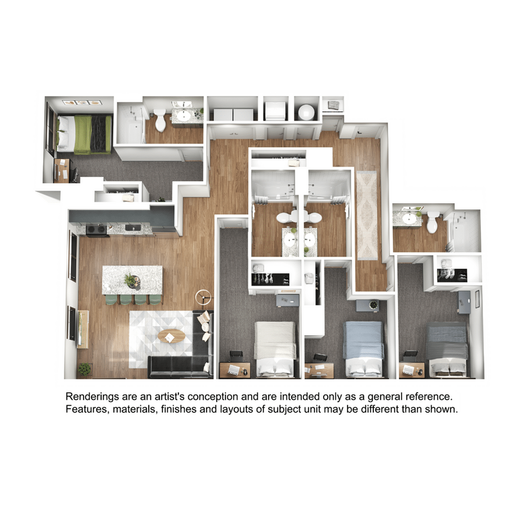 A 3D image of the 4BR/4BA – D4 floorplan, a 1546 squarefoot, 4 bed / 4 bath unit