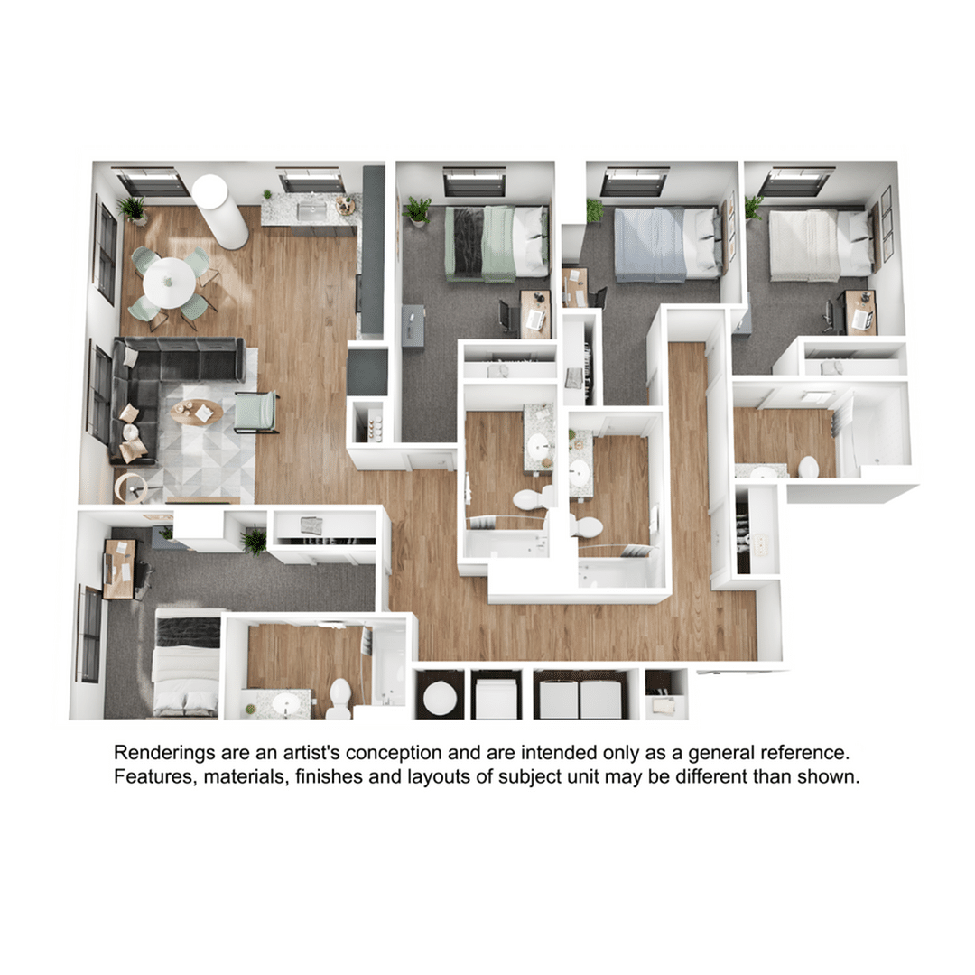 A 3D image of the 4BR/4BA – D5 floorplan, a 1550 squarefoot, 4 bed / 4 bath unit