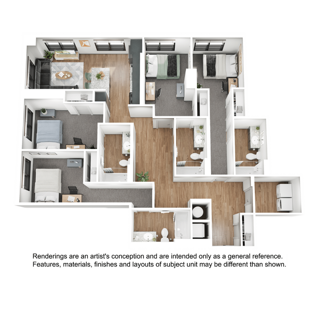 A 3D image of the 4BR/4BA – D11 floorplan, a 1532 squarefoot, 4 bed / 4 bath unit