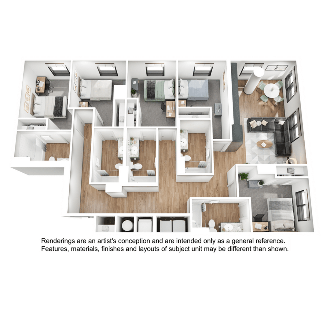 A 3D image of the 5BR/5BA – E1 floorplan, a 1715 squarefoot, 5 bed / 5 bath unit