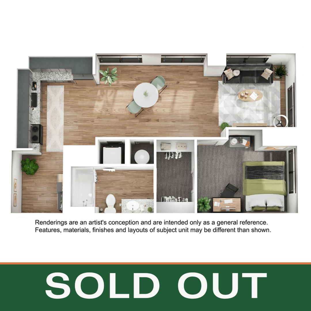 A 3D image of the 1BR/1BA – A1 floorplan, a 759 squarefoot, 1 bed / 1 bath unit