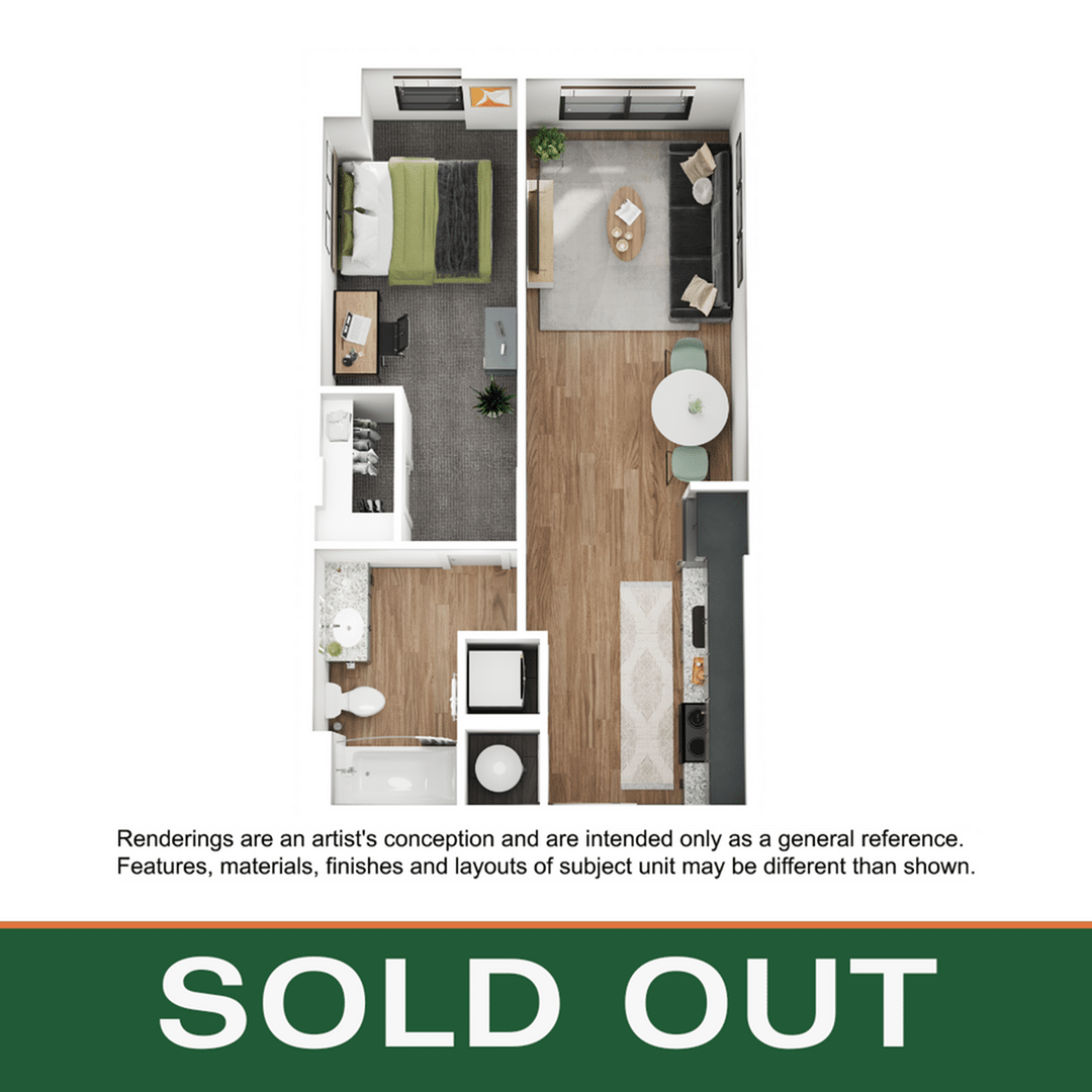 A 3D image of the 1BR/1BA – A4 floorplan, a 566 squarefoot, 1 bed / 1 bath unit