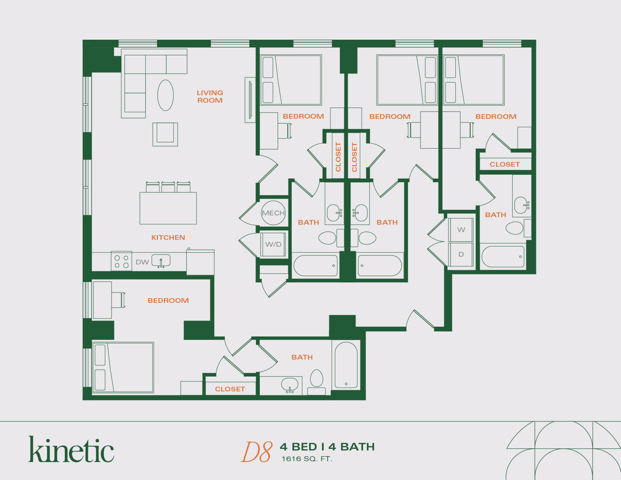 A 3D image of the 4BR/4BA – D8 floorplan, a 1616 squarefoot, 4 bed / 4 bath unit