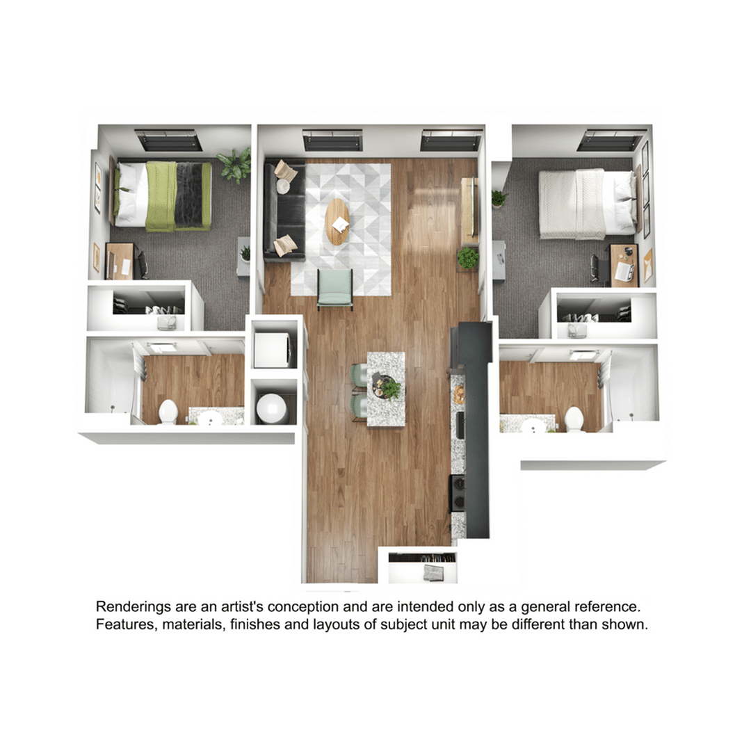 A 3D image of the 2BR/2BA – B5 floorplan, a 900 squarefoot, 2 bed / 2 bath unit