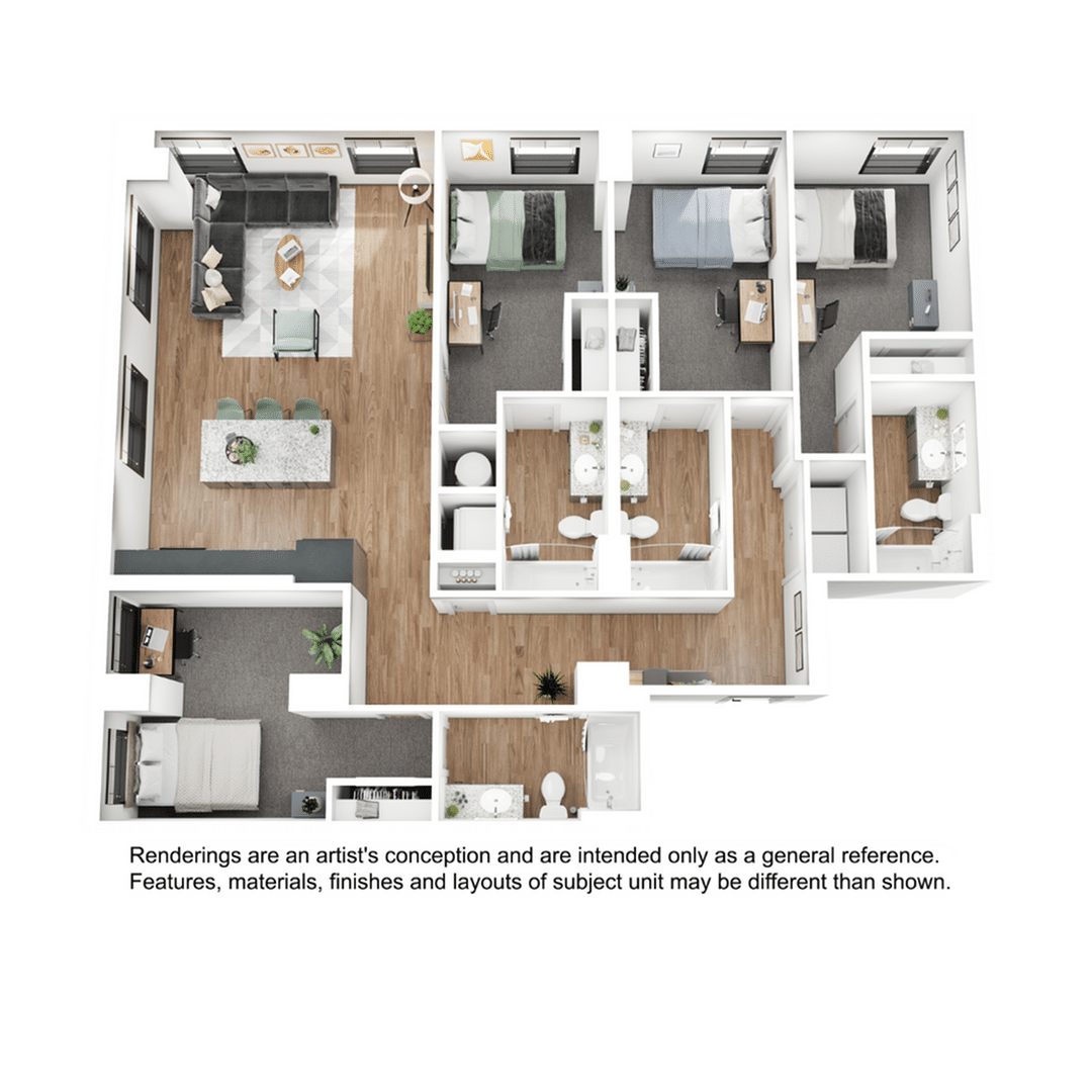 A 3D image of the 4BR/4BA – D8 floorplan, a 1616 squarefoot, 4 bed / 4 bath unit