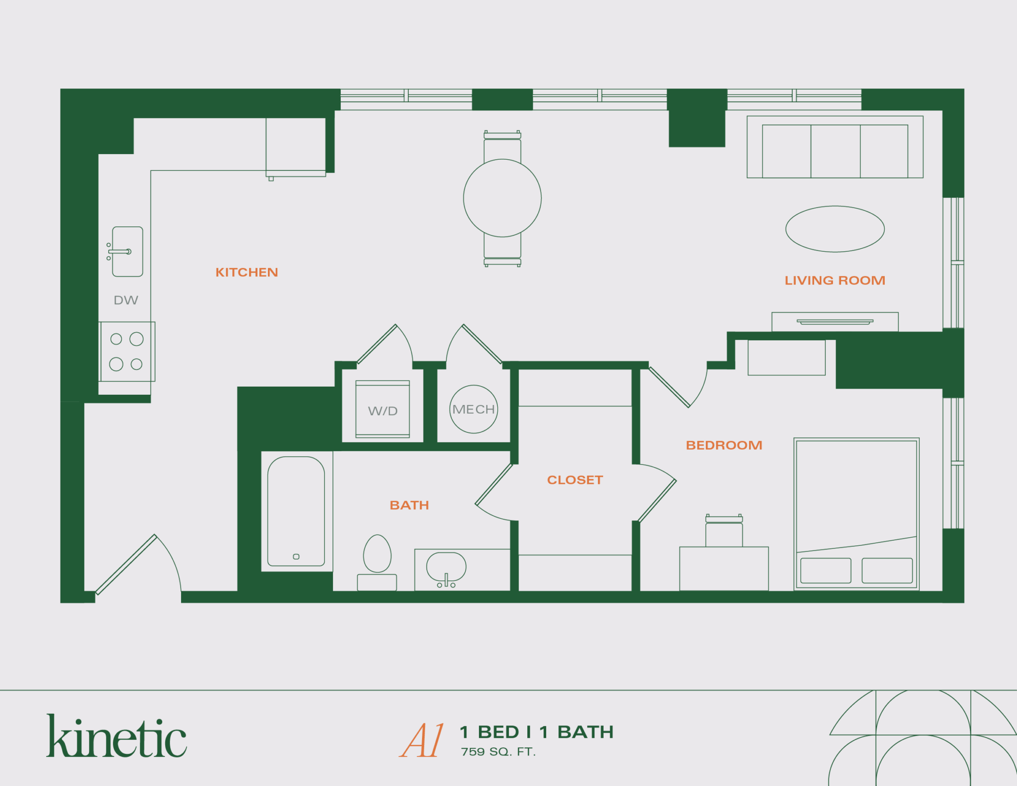 A 3D image of the 1BR/1BA – A1 floorplan, a 759 squarefoot, 1 bed / 1 bath unit