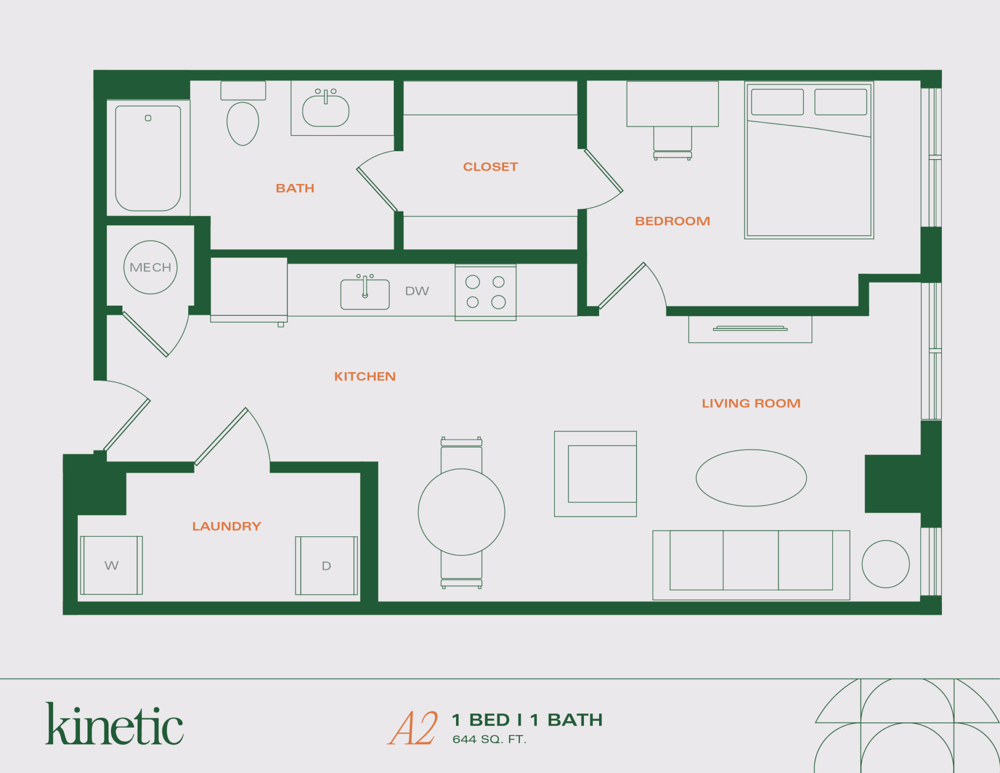 A 3D image of the 1BR/1BA – A2 floorplan, a 644 squarefoot, 1 bed / 1 bath unit