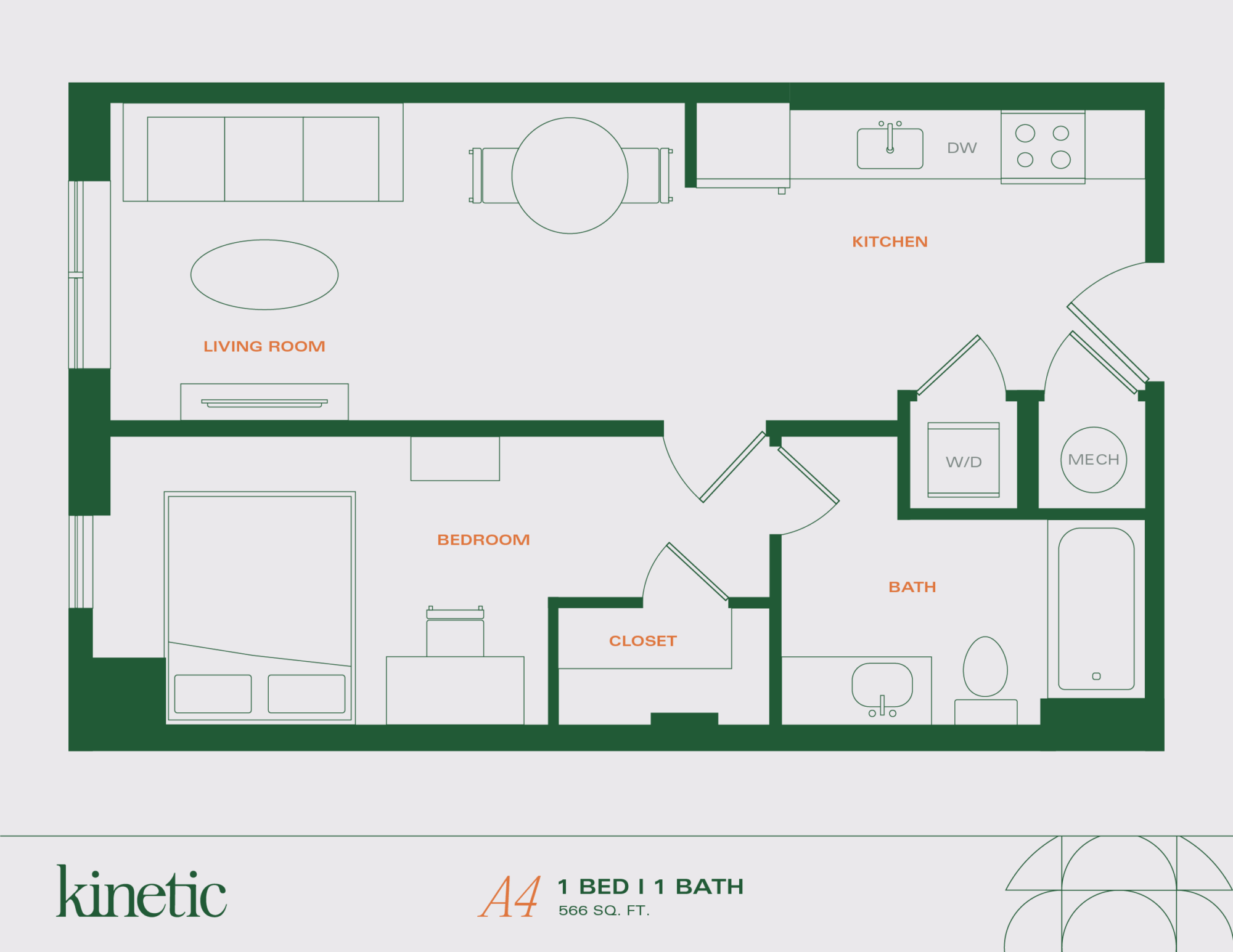 A 3D image of the 1BR/1BA – A4 floorplan, a 566 squarefoot, 1 bed / 1 bath unit