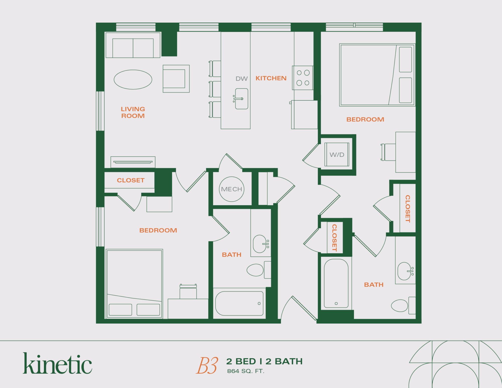 A 3D image of the 2BR/2BA – B3 floorplan, a 864 squarefoot, 2 bed / 2 bath unit
