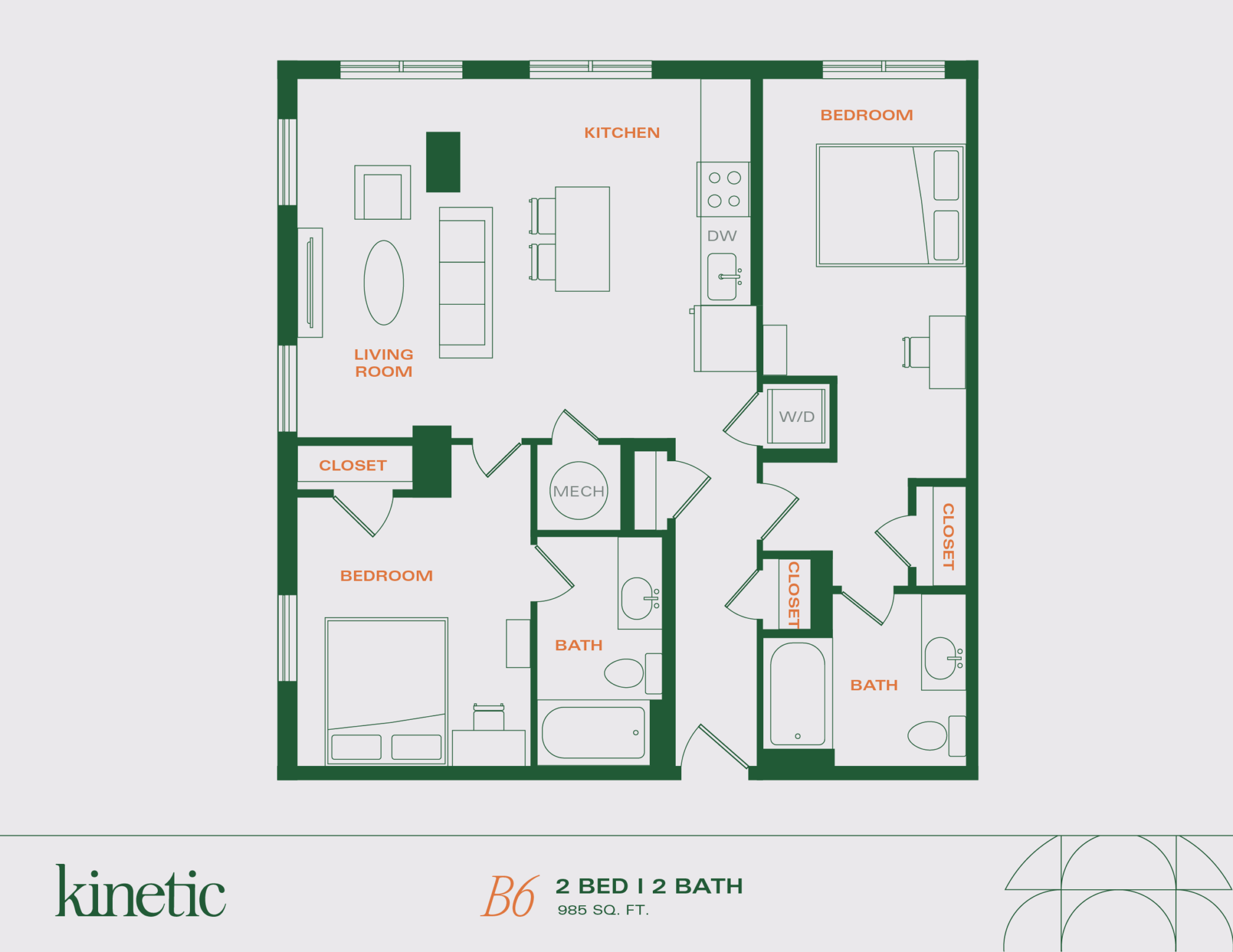 A 3D image of the 2BR/2BA – B6 floorplan, a 986 squarefoot, 2 bed / 2 bath unit