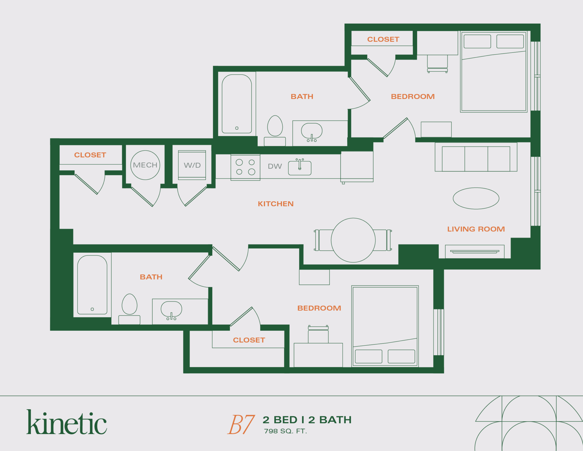 A 3D image of the 2BR/2BA – B7 floorplan, a 799 squarefoot, 2 bed / 2 bath unit