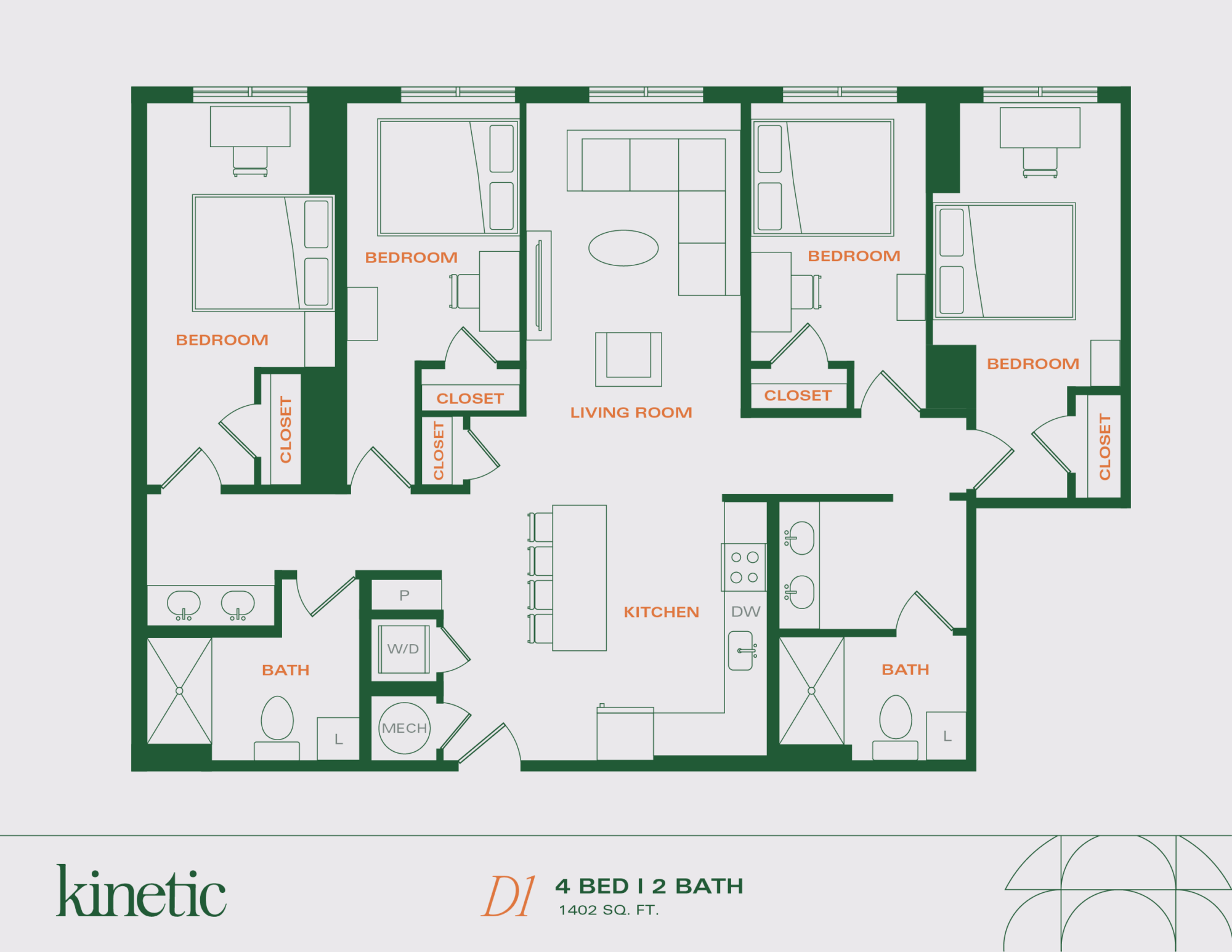 A 3D image of the 4BR/2BA – D1 floorplan, a 1403 squarefoot, 4 bed / 2 bath unit