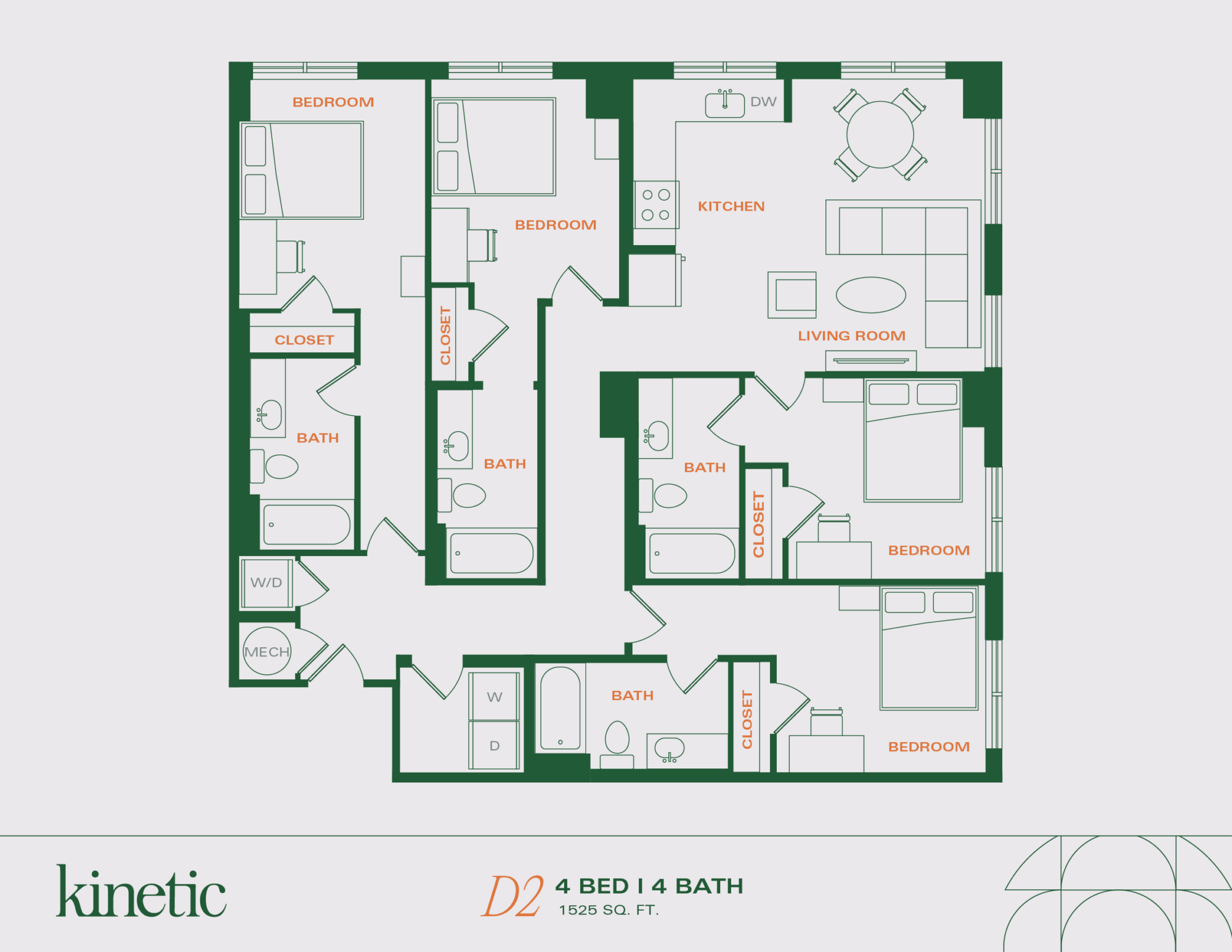 A 3D image of the 4BR/4BA – D2 floorplan, a 1525 squarefoot, 4 bed / 4 bath unit