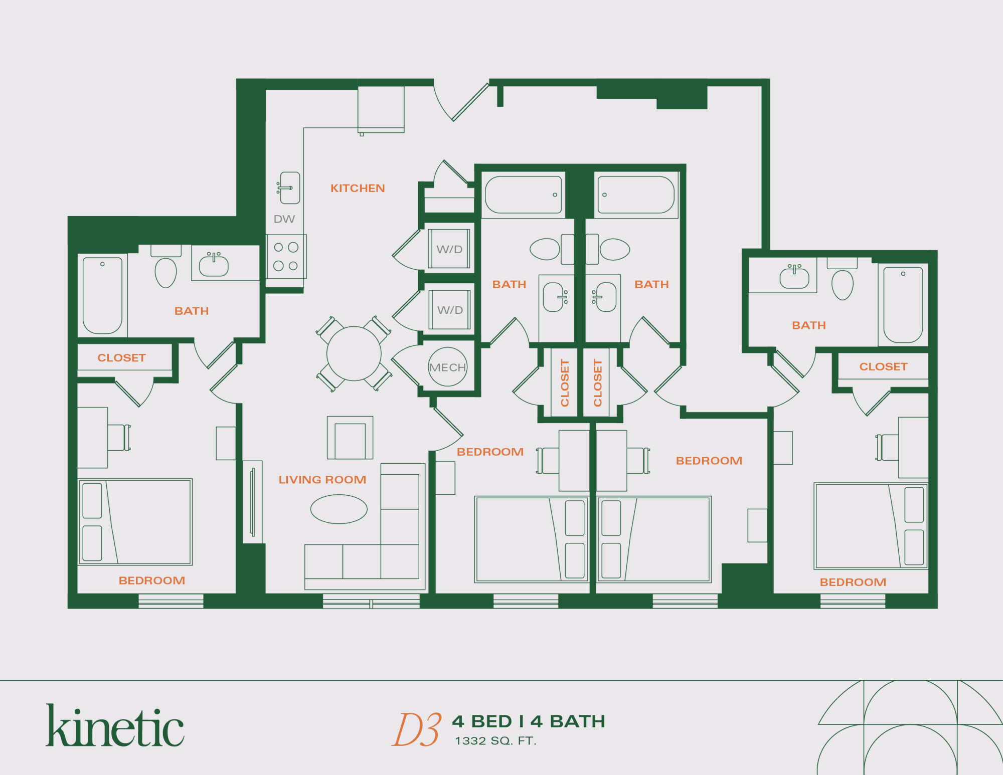 A 3D image of the 4BR/4BA – D3 floorplan, a 1333 squarefoot, 4 bed / 4 bath unit