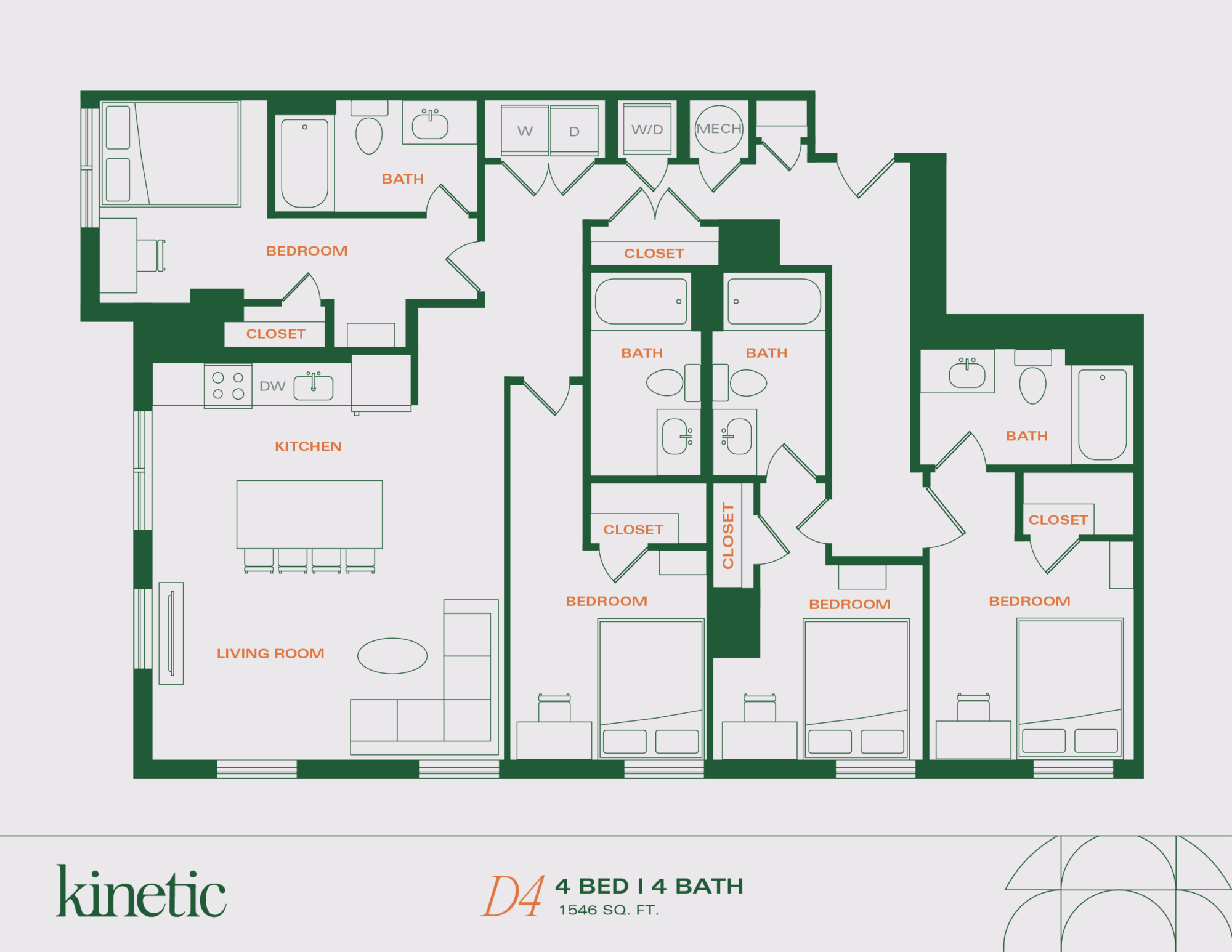 A 3D image of the 4BR/4BA – D4 floorplan, a 1546 squarefoot, 4 bed / 4 bath unit