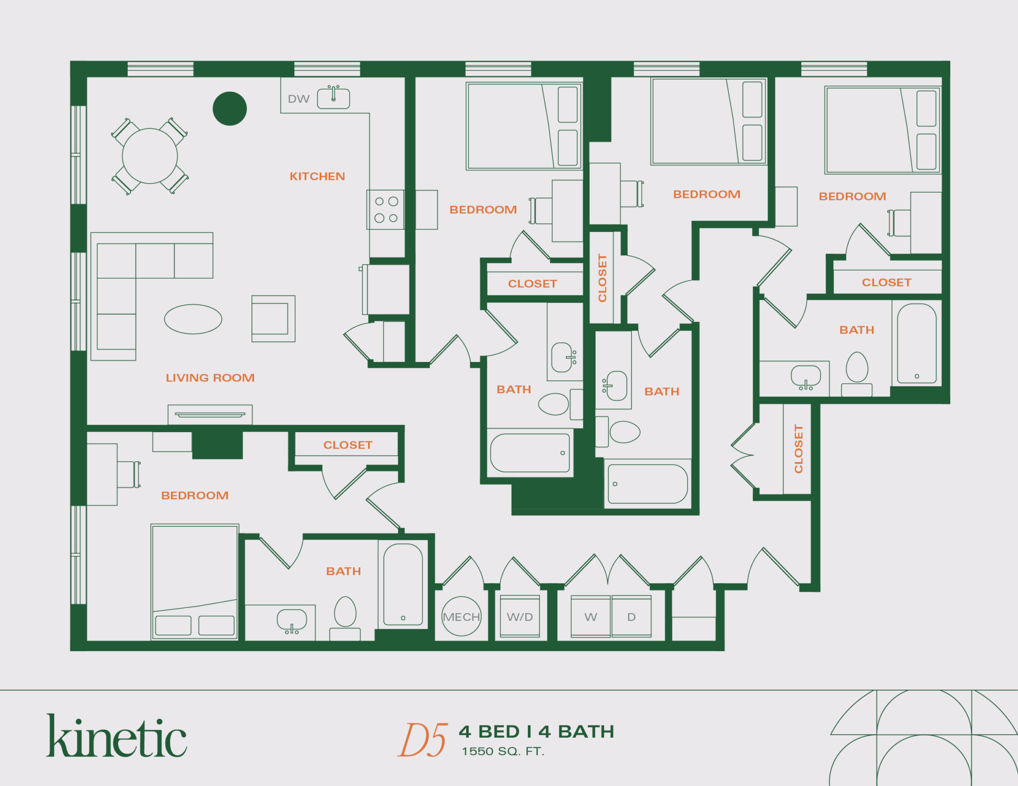 A 3D image of the 4BR/4BA – D5 floorplan, a 1550 squarefoot, 4 bed / 4 bath unit